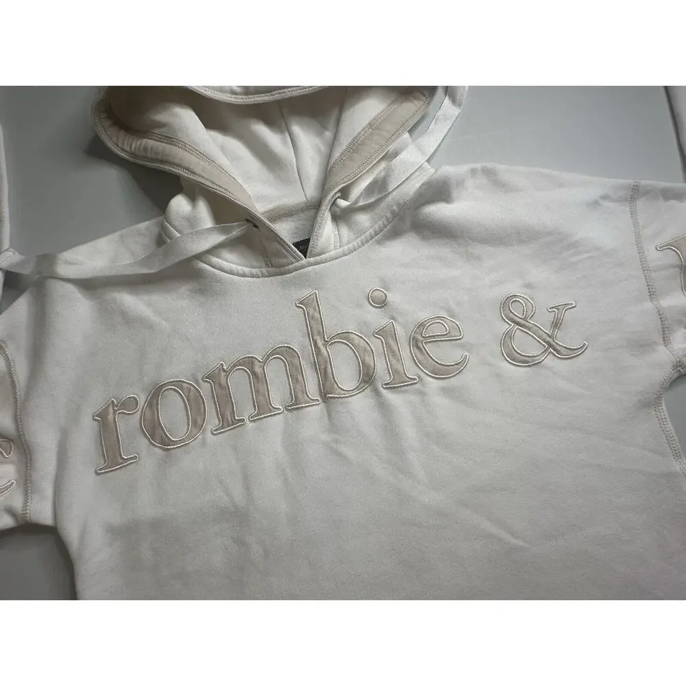 Abercrombie and Fitch Cream Cropped Hoodie XS Embroidered‎ Logo Pullover